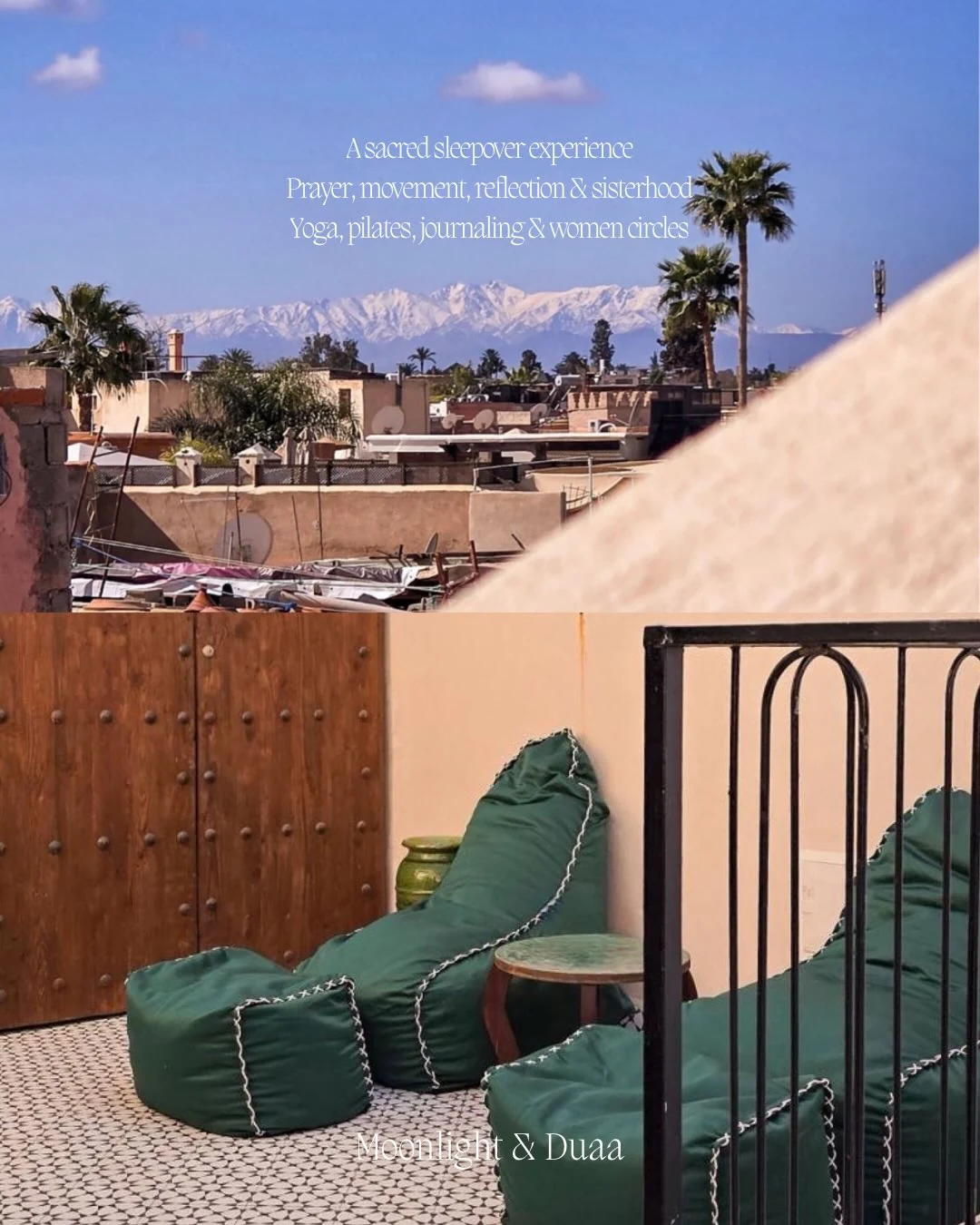 Terrasse et espaces communs d’une retraite au Maroc